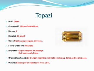 FeldspatQuarsNom: QuarsComposició: Magma àcidDuresa: 7Densitat: 2,65g/cm3Color: Blanc, transparent, segons la seva variació també pot ser rosa, vermellós o negreForma cristal·lina: romboèdricaPropietats: Ratlla- blanca                    Fractura- irregular                    Punt de fusió- 1713 graus centígradsOrigen/Classificació: Es troba en el grup dels silicats.    Utilitats: S’utilitza en la construcció, i també una mica en la indústria del vidre.
