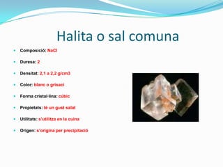 Silvina                        Guix     Composició: sulfat de calcihidratatDuresa: 2 Densitat: 2,3 a 3 g/cm3Color: incolor, blanc, groguenc o vermellForma cristal·lina: cristalls tabulars o prismàtiquesPropietats:esun gran aillant de el calorUtilitats:s’utilitza en la construccióOrigen: s’origina per precipitació