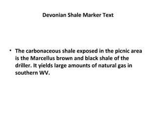 Devonian Shale Marker Text
• The carbonaceous shale exposed in the picnic area
is the Marcellus brown and black shale of the
driller. It yields large amounts of natural gas in
southern WV.
 