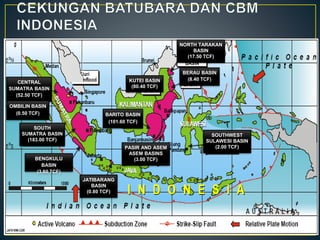 CENTRAL 
SUMATRA BASIN 
(52.50 TCF) 
OMBILIN BASIN 
(0.50 TCF) 
SOUTH 
SUMATRA BASIN 
(183.00 TCF) 
BENGKULU 
BASIN 
(3.60 TCF) 
BARITO BASIN 
(101.60 TCF) 
JATIBARANG 
BASIN 
(0.80 TCF) 
PASIR AND ASEM 
ASEM BASINS 
(3.00 TCF) 
SOUTHWEST 
SULAWESI BASIN 
(2.00 TCF) 
KUTEI BASIN 
(80.40 TCF) 
NORTH TARAKAN 
BASIN 
(17.50 TCF) 
BERAU BASIN 
(8.40 TCF) 
 