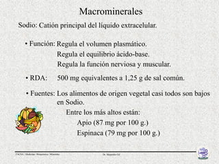 Macrominerales
  Sodio: Catión principal del líquido extracelular.

        • Función: Regula el volumen plasmático.
                   Regula el equilibrio ácido-base.
                   Regula la función nerviosa y muscular.
         • RDA:                       500 mg equivalentes a 1,25 g de sal común.

         • Fuentes: Los alimentos de origen vegetal casi todos son bajos
                    en Sodio.
                       Entre los más altos están:
                           Apio (87 mg por 100 g.)
                           Espinaca (79 mg por 100 g.)

FACSA / Medicina / Bioquímica / Minerales            Dr. Alejandro Gil
 