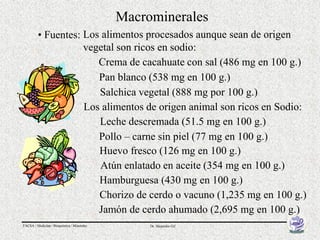 Macrominerales
         • Fuentes: Los alimentos procesados aunque sean de origen
                    vegetal son ricos en sodio:
                       Crema de cacahuate con sal (486 mg en 100 g.)
                       Pan blanco (538 mg en 100 g.)
                       Salchica vegetal (888 mg por 100 g.)
                    Los alimentos de origen animal son ricos en Sodio:
                       Leche descremada (51.5 mg en 100 g.)
                       Pollo – carne sin piel (77 mg en 100 g.)
                       Huevo fresco (126 mg en 100 g.)
                        Atún enlatado en aceite (354 mg en 100 g.)
                       Hamburguesa (430 mg en 100 g.)
                       Chorizo de cerdo o vacuno (1,235 mg en 100 g.)
                       Jamón de cerdo ahumado (2,695 mg en 100 g.)
FACSA / Medicina / Bioquímica / Minerales        Dr. Alejandro Gil
 
