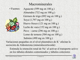 Macrominerales
         • Fuentes:
                Aguacate (599 mg en 100 g.)
                Almendra (732 mg en 100 g.)
                Germen de trigo (892 mg en 100 g.)
                Soya (1,797 mg en 100 g.)
                Huevo fresco (121 mg en 100 g.)
                Leche de vaca (152 mg en 100 g.)
                Pavo – carne (296 mg en 100 g.)
                Lomo de ternera (304 mg en 100 g.)
                Salmón (490 mg en 100 g.)
Variaciones pequeñas en el nivel plasmático de K+ afectan la
secreción de Aldosterona (mineralocorticoide)
   Estimula la retención renal de Na+ al activar el transporte activo
   en los túbulos distales contorneados y túbulos colectores
FACSA / Medicina / Bioquímica / Minerales        Dr. Alejandro Gil
 