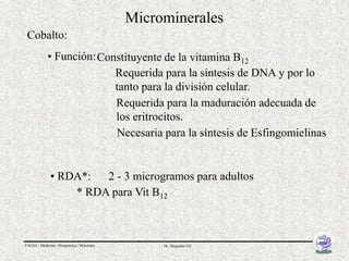 Microminerales
 Cobalto:
             • Función: Constituyente de la vitamina B12
                           Requerida para la síntesis de DNA y por lo
                           tanto para la división celular.
                           Requerida para la maduración adecuada de
                           los eritrocitos.
                           Necesaria para la síntesis de Esfingomielinas


              • RDA*:  2 - 3 microgramos para adultos
                  * RDA para Vit B12



FACSA / Medicina / Bioquímica / Minerales        Dr. Alejandro Gil
 