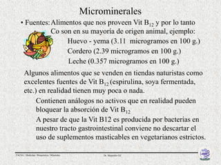 Microminerales
    • Fuentes: Alimentos que nos proveen Vit B12 y por lo tanto
               Co son en su mayoría de origen animal, ejemplo:
                    Huevo - yema (3.11 microgramos en 100 g.)
                    Cordero (2.39 microgramos en 100 g.)
                    Leche (0.357 microgramos en 100 g.)
       Algunos alimentos que se venden en tiendas naturistas como
       excelentes fuentes de Vit B12 (espirulina, soya fermentada,
       etc.) en realidad tienen muy poca o nada.
            Contienen análogos no activos que en realidad pueden
            bloquear la absorción de Vit B12
            A pesar de que la Vit B12 es producida por bacterias en
            nuestro tracto gastrointestinal conviene no descartar el
            uso de suplementos masticables en vegetarianos estrictos.

FACSA / Medicina / Bioquímica / Minerales        Dr. Alejandro Gil
 