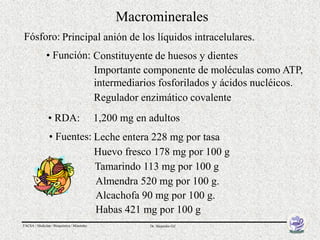 Macrominerales
Fósforo: Principal anión de los líquidos intracelulares.
              • Función: Constituyente de huesos y dientes
                         Importante componente de moléculas como ATP,
                         intermediarios fosforilados y ácidos nucléicos.
                         Regulador enzimático covalente
                • RDA:                      1,200 mg en adultos
                • Fuentes: Leche entera 228 mg por tasa
                           Huevo fresco 178 mg por 100 g
                           Tamarindo 113 mg por 100 g
                           Almendra 520 mg por 100 g.
                           Alcachofa 90 mg por 100 g.
                           Habas 421 mg por 100 g
FACSA / Medicina / Bioquímica / Minerales               Dr. Alejandro Gil
 
