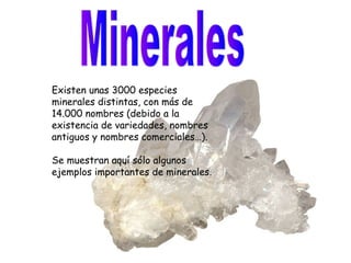 Existen unas 3000 especies
minerales distintas, con más de
14.000 nombres (debido a la
existencia de variedades, nombres
antiguos y nombres comerciales…).

Se muestran aquí sólo algunos
ejemplos importantes de minerales.
 
