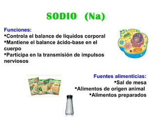SODIO (Na)
Funciones:
Controla el balance de líquidos corporal
Mantiene el balance ácido-base en el
cuerpo
Participa en la transmisión de impulsos
nerviosos
Fuentes alimenticias:
Sal de mesa
Alimentos de origen animal
Alimentos preparados
 