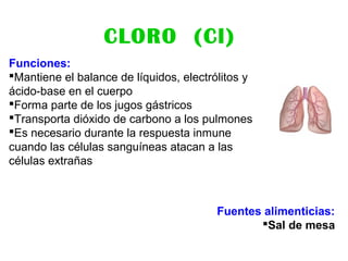 CLORO (Cl)
Funciones:
Mantiene el balance de líquidos, electrólitos y
ácido-base en el cuerpo
Forma parte de los jugos gástricos
Transporta dióxido de carbono a los pulmones
Es necesario durante la respuesta inmune
cuando las células sanguíneas atacan a las
células extrañas
Fuentes alimenticias:
Sal de mesa
 