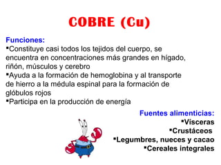 COBRE (Cu)
Funciones:
Constituye casi todos los tejidos del cuerpo, se
encuentra en concentraciones más grandes en hígado,
riñón, músculos y cerebro
Ayuda a la formación de hemoglobina y al transporte
de hierro a la médula espinal para la formación de
glóbulos rojos
Participa en la producción de energía
Fuentes alimenticias:
Vísceras
Crustáceos
Legumbres, nueces y cacao
Cereales integrales
 