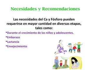 Necesidades y Recomendaciones
Las necesidades del Ca y Fósforo pueden
requerirse en mayor cantidad en diversas etapas,
tales como:
Durante el crecimiento de los niños y adolescentes.
Embarazo
Lactancia
Envejecimiento
 