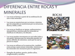 DIFERENCIA ENTRE ROCAS Y
MINERALES
 Las rocas se forman a partir de la combinación de
uno o más minerales.
 Las rocas se caracterizan por su textura, mientras
que los minerales se caracterizan por su estructura,
dureza, brillo y color.
 Las rocas se clasifican en ígneas, sedimentarias y
metamórficas, mientras que los minerales se
clasifican en silicatos y no silicatos.
 Las rocas pueden encontrarse en casi todos lados y
son gratis, mientras que los minerales pueden ser
raros y difíciles de encontrar, razón por la cual su
precio es mayor.
 Las rocas se utilizan en la construcción, también
como armas o para extraer minerales, mientras que
los minerales son necesarios para el organismo.
 Ejemplos de piedras: granito, piedra caliza,
conglomerado y arenisca.
ROCAS
MINERALES
 