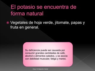  Vegetales de hoja verde, jitomate, papas y
fruta en general.
Su deficiencia puede ser causada por
consumir grandes cantidades de café,
alcohol o alimentos salados, y se asocia
con debilidad muscular, fatiga y mareo.
Hosp. Dr.Alejandro Cabral
 