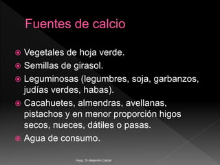 Vegetales de hoja verde.
 Semillas de girasol.
 Leguminosas (legumbres, soja, garbanzos,
judías verdes, habas).
 Cacahuetes, almendras, avellanas,
pistachos y en menor proporción higos
secos, nueces, dátiles o pasas.
 Agua de consumo.
Hosp. Dr.Alejandro Cabral
 