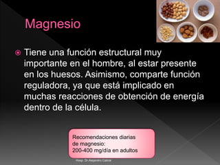  Tiene una función estructural muy
importante en el hombre, al estar presente
en los huesos. Asimismo, comparte función
reguladora, ya que está implicado en
muchas reacciones de obtención de energía
dentro de la célula.
Recomendaciones diarias
de magnesio:
200-400 mg/día en adultos
Hosp. Dr.Alejandro Cabral
 