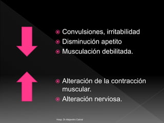  Convulsiones, irritabilidad
 Disminución apetito
 Musculación debilitada.
 Alteración de la contracción
muscular.
 Alteración nerviosa.
Hosp. Dr.Alejandro Cabral
 