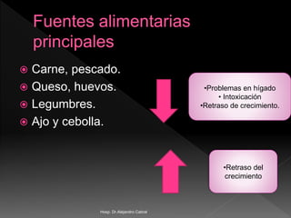  Carne, pescado.
 Queso, huevos.
 Legumbres.
 Ajo y cebolla.
•Problemas en hígado
• Intoxicación
•Retraso de crecimiento.
•Retraso del
crecimiento
Hosp. Dr.Alejandro Cabral
 