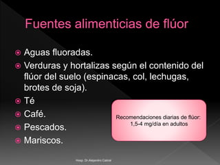  Aguas fluoradas.
 Verduras y hortalizas según el contenido del
flúor del suelo (espinacas, col, lechugas,
brotes de soja).
 Té
 Café.
 Pescados.
 Mariscos.
Recomendaciones diarias de flúor:
1,5-4 mg/día en adultos
Hosp. Dr.Alejandro Cabral
 
