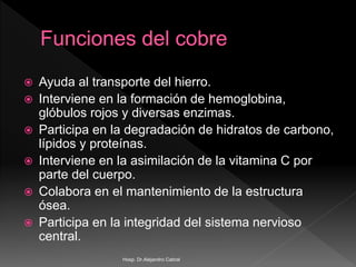  Ayuda al transporte del hierro.
 Interviene en la formación de hemoglobina,
glóbulos rojos y diversas enzimas.
 Participa en la degradación de hidratos de carbono,
lípidos y proteínas.
 Interviene en la asimilación de la vitamina C por
parte del cuerpo.
 Colabora en el mantenimiento de la estructura
ósea.
 Participa en la integridad del sistema nervioso
central.
Hosp. Dr.Alejandro Cabral
 
