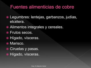  Legumbres: lentejas, garbanzos, judías,
etcétera.
 Alimentos integrales y cereales.
 Frutos secos.
 Hígado, vísceras.
 Marisco.
 Ciruelas y pasas.
 Hígado, vísceras.
Hosp. Dr.Alejandro Cabral
 