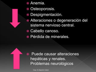  Anemia.
 Osteoporosis.
 Despigmentación.
 Alteraciones o degeneración del
sistema nervioso central.
 Cabello canoso.
 Pérdida de minerales.
 Puede causar alteraciones
hepáticas y renales.
Problemas neurológicos
Hosp. Dr.Alejandro Cabral
 