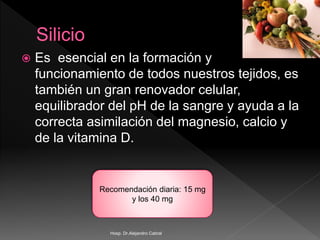 Es esencial en la formación y
funcionamiento de todos nuestros tejidos, es
también un gran renovador celular,
equilibrador del pH de la sangre y ayuda a la
correcta asimilación del magnesio, calcio y
de la vitamina D.
Recomendación diaria: 15 mg
y los 40 mg
Hosp. Dr.Alejandro Cabral
 