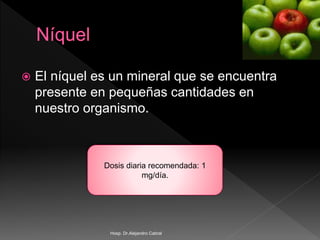  El níquel es un mineral que se encuentra
presente en pequeñas cantidades en
nuestro organismo.
Dosis diaria recomendada: 1
mg/día.
Hosp. Dr.Alejandro Cabral
 