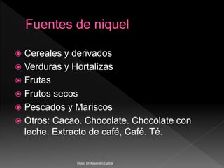  Cereales y derivados
 Verduras y Hortalizas
 Frutas
 Frutos secos
 Pescados y Mariscos
 Otros: Cacao. Chocolate. Chocolate con
leche. Extracto de café, Café. Té.
Hosp. Dr.Alejandro Cabral
 