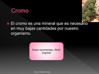  El cromo es una mineral que es necesario
en muy bajas cantidades por nuestro
organismo.
Dosis recomendas: 35/25
(mg/día)
Hosp. Dr.Alejandro Cabral
 