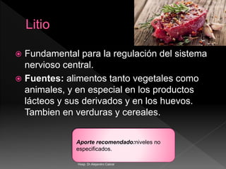  Fundamental para la regulación del sistema
nervioso central.
 Fuentes: alimentos tanto vegetales como
animales, y en especial en los productos
lácteos y sus derivados y en los huevos.
Tambien en verduras y cereales.
Aporte recomendado:niveles no
especificados.
Hosp. Dr.Alejandro Cabral
 