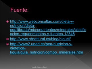  http://www.webconsultas.com/dieta-y-
nutricion/dieta-
equilibrada/micronutrientes/minerales/clasific
acion-requerimientos-y-fuentes-12348
 http://www.rdnattural.es/blog/niquel/
 http://www2.uned.es/pea-nutricion-y-
dietetica-
I/guia/guia_nutricion/compo_minerales.htm
Hosp. Dr.Alejandro Cabral
 