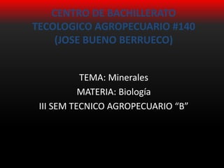 CENTRO DE BACHILLERATO
TECOLOGICO AGROPECUARIO #140
(JOSE BUENO BERRUECO)
TEMA: Minerales
MATERIA: Biología
III SEM TECNICO AGROPECUARIO “B”
 