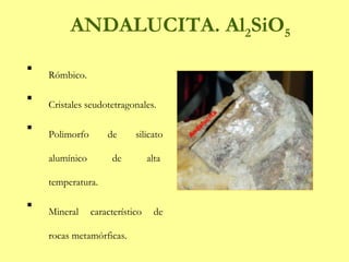 ANDALUCITA. Al 2 SiO 5 Rómbico.  Cristales seudotetragonales. Polimorfo de silicato alumínico de alta  temperatura. Mineral característico de rocas metamórficas.   