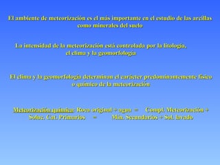El ambiente de meteorización es el más importante en el estudio de las arcillas como minerales del suelo La intensidad de la meteorización está controlada por la litología, el clima y la geomorfología El clima y la geomorfología determinan el carácter predominantemente físico o químico de la meteorización Meteorización química : Roca original + agua  =   Compl. Meteorización + Soluc. Cat. Primarios  =   Min. Secundarios + Sol. lavado 