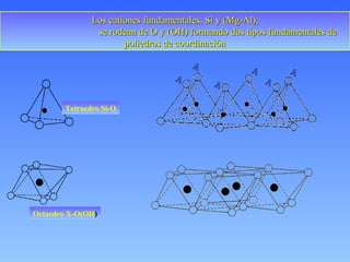 Los cationes fundamentales, Si y (Mg-Al), se rodean de O y (OH) formando dos tipos fundamentales de poliedros de coordinación Tetraedro Si-O Octaedro X-O(OH ) -1 -1 -1 -1 -1 -1 