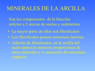 MINERALES DE LA ARCILLA ,[object Object],[object Object],[object Object],Son los componentes  de la fracción inferior a 2 micras de suelos y sedimentos 