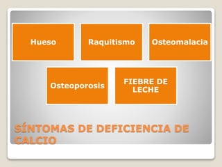 SÍNTOMAS DE DEFICIENCIA DE
CALCIO
Hueso Raquitismo Osteomalacia
Osteoporosis
FIEBRE DE
LECHE
 