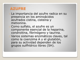 AZUFRE
La importancia del azufre radica en su
presencia en los aminoácidos
azufrados cistina, cisteína y
metionina.
Como sulfato, el azufre es un
componente esencial de la heparina,
condroitina, fibrinógeno y taurina.
Varios sistemas enzimáticos claves, tal
como la coenzima A y el glutatión,
para su actividad dependen de los
grupos sulfhídrico libres (SH).
 
