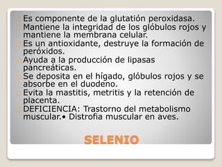 SELENIO
Es componente de la glutatión peroxidasa.
Mantiene la integridad de los glóbulos rojos y
mantiene la membrana celular.
Es un antioxidante, destruye la formación de
peróxidos.
Ayuda a la producción de lipasas
pancreáticas.
Se deposita en el hígado, glóbulos rojos y se
absorbe en el duodeno.
Evita la mastitis, metritis y la retención de
placenta.
DEFICIENCIA: Trastorno del metabolismo
muscular.• Distrofia muscular en aves.
 