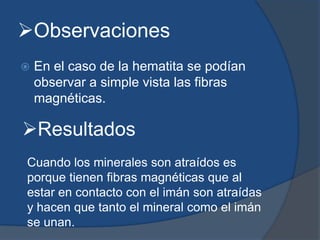 Observaciones
 En el caso de la hematita se podían
observar a simple vista las fibras
magnéticas.
Resultados
Cuando los minerales son atraídos es
porque tienen fibras magnéticas que al
estar en contacto con el imán son atraídas
y hacen que tanto el mineral como el imán
se unan.
 