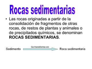 Las rocas originadas a partir de la consolidación de fragmentos de otras rocas, de restos de plantas y animales o de precipitados químicos, se denominan  ROCAS SEDIMENTARIAS . Rocas sedimentarias 
