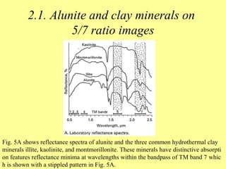 2.1. Alunite and clay minerals on
5/7 ratio images
Fig. 5A shows reflectance spectra of alunite and the three common hydrothermal clay
minerals illite, kaolinite, and montmorillonite. These minerals have distinctive absorpti
on features reflectance minima at wavelengths within the bandpass of TM band 7 whic
h is shown with a stippled pattern in Fig. 5A.
 