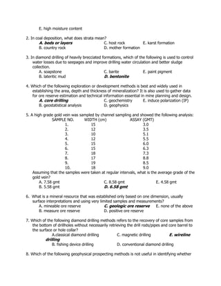 E. high moisture content
2. In coal deposition, what does strata mean?
A. beds or layers C. host rock E. karst formation
B. country rock D. mother formation
3. In diamond drilling of heavily brecciated formations, which of the following is used to control
water losses due to seepages and improve drilling water circulation and better sludge
collection.
A. soapstone C. barite E. paint pigment
B. lateritic mud D. bentonite
4. Which of the following exploration or development methods is best and widely used in
establishing the area, depth and thickness of mineralization? It is also used to gather data
for ore reserve estimation and technical information essential in mine planning and design.
A. core drilling C. geochemistry E. induce polarization (IP)
B. geostatistical analysis D. geophysics
5. A high grade gold vein was sampled by channel sampling and showed the following analysis:
SAMPLE NO. WIDTH (cm) ASSAY (GMT)
1. 15 3.0
2. 12 3.5
3. 10 5.1
4. 12 5.5
5. 15 6.0
6. 15 6.3
7. 18 7.3
8. 17 8.8
9. 19 8.5
10. 18 9.0
Assuming that the samples were taken at regular intervals, what is the average grade of the
gold vein?
A. 7.58 gmt C. 8.58 gmt E. 4.58 gmt
B. 5.58 gmt D. 6.58 gmt
6. What is a mineral resource that was established only based on one dimension, usually
surface interpretations and using very limited samples and measurements?
A. mineable ore reserve C. geologic ore reserve E. none of the above
B. measure ore reserve D. positive ore reserve
7. Which of the following diamond drilling methods refers to the recovery of core samples from
the bottom of drillholes without necessarily retrieving the drill rods/pipes and core barrel to
the surface or hole collar?
A.classical diamond drilling C. magnetic drilling E. wireline
drilling
B. fishing device drilling D. conventional diamond drilling
8. Which of the following geophysical prospecting methods is not useful in identifying whether
 