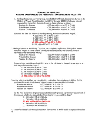 BOARD EXAM PROBLEMS
MINERAL EXPLORATION, ORE RESERVE ESTIMATION & MINE VALUATION
1. Heritage Resources and Mining Corp. reported to the Mines & Geosciences Bureau in its
Affidavit of Anuual Work Obligation (AAWO) for the year 2003 the following mineral
reserve of its Homonhon Chromite Project in Eastern Samar as follows :
Positive Ore Reserve - 100,000 million mt at 55 % Cr2O3
Probable Ore Reserve - 300,000 million mt at 45 % Cr2O3
Possible Ore Reserve -300,000 million mt at 40 % Cr2O3
Calculate the total ore reserve of Heritage Mining, Homonhon Chromite Project.
A. 300 million MT at 46 % Cr2O3
B. 700 million MT at 44 % Cr2O3
C. 500 million MT at 65 % Cr2O3
D. 400 million MT at 46 % Cr2O3
E. 100 million MT at 55 % Cr2O3
2. Heritage Resources and Mining Corp. has just completed exploration drilling of its newest
Chromite Project in Samar Island. In the pre-feasibility study, the following mineral
resources were established initially:
Positive Ore Reserve - 100,000 million mt at 55 % Cr2O3
Probable Ore Reserve - 300,000 million mt at 45 % Cr2O3
Possible Ore Reserve -300,000 million mt at 40 % Cr2O3
In preparing a bankable pre-feasibility, what is the calculated or theoretical ore reserve at
this stage of the mining project?
A. 500 million mt at 65 % Cr2O3
B. 700 million mt at 44 % Cr2O3
C. 300 million mt at 46 % Cr2O3
D. 100 million mt at 55 % Cr2O3
E. 400 million mt at 46 % Cr2O3
3. A new mining project has just completed its exploration through diamond drilling. In the
pre-feasibility study, the following mineral resources were established initially:
Positive ore reserve - 100 million MT at 0.55% Cu
Probable ore reserve - 300 million MT at 0.45% Cu
Possible ore reserve - 300 milling MT at 0.40% Cu
As the Mine Exploration Engineer designated to initially prepare a preliminary assessment of
the reserve, what is the calculated or theoretical ore reserve at this stage?
K. 300 million MT at 0.46% Cu
L. 700 million MT at 0.44% Cu
M. 400 million MT at 0.46% Cu
N. 500 million MT at 0.65% Cu
O. 100 million MT at 0.55% Cu
4. Taiwan Overseas Coal Mining Corporation plan to mine its 4,000-acres coal prospect located
in
 