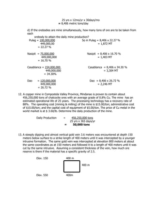 25 yrs x 12mo/yr x 30days/mo
= 8,406 metric tons/day
d) If the orebodies are mine simultaneously, how many tons of ore are to be taken from
each
orebody to attain the daily mine production?
Pulag = 100,000,000 So in Pulag = 8,406 x 22.27 %
449,000,00 = 1,872 MT
= 22.27 %
Nasipit = 75,000,000 Nasipit = 8,406 x 16.70 %
449,000,000 = 1,403 MT
= 16.70 %
Casablanca = 154,000,000 Casablanca = 8,406 x 34.30 %
449,000,000 = 3,304 MT
= 34.30%
Dao = 120,000,000 Dao = 8,406 x 26.72 %
449,000,000 = 2,246 MT
= 26.72 %
12. A copper mine in Compostela Valley Province, Mindanao is proven to contain about
456,250,000 tons of chalcocite ores with an average grade of 0.8% Cu. The mine has an
estimated operational life of 25 years. The processing technology has a recovery rate of
88%. The operating cost (mining & milling) of the mine is $15.00/ton; administrative cost
of $10.00/ton; and the capital cost of equipment of $5.00/ton. The price of Cu metal in the
world market is at $ 3.60/lb. Determine the daily production of the mine.
Daily Production = 456,250,000 tons
25 yrs x 365 days/yr
= 50,000 tons
13. A steeply dipping and almost vertical gold vein 3.6 meters was encountered at depth 150
meters below surface to a strike length of 400 meters until it was intercepted by a younger
intrusive formation. The same gold vein was intercepted at elevation 800 meters at about
the same coordinates as at 150 meters and followed it to a length of 400 meters until it was
cut by the same intrusive. Assuming a consistent thickness of the vein, how much ore
reserve is there if the material has a specific gravity of 2.5.
Elev. 150 400 m
400 m
Elev. 550 400m
 
