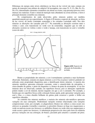 15
Diferenças de energia entre níveis eletrônicos na faixa da luz visível são mais comuns em
metais de transição com orbitais do subnível 3d incompleto, tais como Ti, V, Cr, Mn, Fe, Co,
Ni e Cu, denominados elementos cromófiros em alusão ao cromo, cuja presença provoca cores
intensas nos materiais. Como o metal de transição mais abundante na crosta terrestre, o ferro é
principal elemento cromófiro nos minerais.
Os comprimentos de onda absorvidos pelos minerais podem ser medidos
quantitativamente por um espectrômetro. A figura 4.20 mostra o espectro de absorção, na faixa
da luz visível, do berilo (variedade esmeralda) e do córindon (variedade rubi). Nos dois
minerais as absorções são causadas pelo Cr+3
. Na esmeralda as absorções ocorrem entre o
violeta e azul, com transmissão no verde (cor da esmeralda), enquanto que no rubi as
absorções ocorrem no violeta e entre o verde e laranja, com transmissão no azul e vermelho
(cores do rubi).
Dentre as propriedades dos minerais, a cor é normalmente a primeira e mais facilmente
observada. Entretanto, somente em alguns minerais a cor é fixa ou pouco variável, podendo ser
utilizada como propriedade diagnóstica para a identificação destes minerais. A maioria dos
minerais metálicos apresenta coloração constante, como o amarelo-latão da calcopirita, o
cinza-chumbo da galena, o preto da magnetita e o branco da prata da arsenopirita. A cor dos
minerais deve ser observada, contudo, em superfícies frescas, pois as alterações superficiais
podem mudar a cor do mineral, mesmo naqueles em que a cor é constante. Por exemplo, a
bornita que em superfície fresca exibe coloração bronze parda, pode apresentar variações para
azul e lilaz, e o cinza chumbo brilhante da galena pode escurecer e perder o brilho em
superfícies alteradas.
Ao contrário dos minerais metálicos, a maioria dos minerais não-metálicos apresenta
variações em suas colorações. Predominam variações restritas relacionadas com variações
composicionais como, por exemplo, os plagioclásios (branco nos sódicos a cinza escuro nos
cálcicos) as granadas (vermelho a marrom), os piroxênio (branco ou bege nos magnesianos a
verde ou marrom escuro nos ferrosos), os anfibólios (branco ou verde claro nos magnesianos a
verde escuro a preto nos ferrosos). A substituição progressiva do zinco pelo ferro na esfalerita
provoca variações em sua coloração, do branco, passando pelo amarelo e castanho até preto.
Figura 4.20- Espectro de
absorção da Esmeralda e
do Rubi.
 