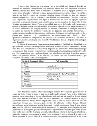 7
A dureza está diretamente relacionada com a intensidade das forças de ligação que
mantém as partículas componentes dos minerais unidas em suas estruturas cristalinas.
Portanto, em minerais duros como o diamante e o coríndon, todas as ligações químicas são
fortes (como a ligação covalente), ao passo que em minerais moles, como o talco e a grafita, a
presença de ligações fracas na estrutura cristalina (como a ligação de Van der waals) é
responsável pela baixa dureza. A firmeza e estabilidade de uma estrutura cristalina, como um
todo, dependem conjuntamente dos tipos e intensidades de todas as ligações químicas
presentes na estrutura, enquanto que a dureza desta mesma estrutura é a expressão de suas
ligações químicas mais fracas. Como a intensidade das forças de ligação pode variar com a
direção, a dureza é uma propriedade vetorial. Portanto, os minerais podem apresentar variações
na dureza dependendo das direções em que são riscados. Entretanto, as variações direcionais
na dureza da maioria dos minerais comuns são tão pequenas que, quando mensuráveis, só
podem ser determinadas por instrumentos sofisticados. Dois casos excepcionais notáveis são a
cianita que apresenta D = 5 (paralelamente ao comprimento dos cristais) e D = 7
(perpendicularmente ao comprimento dos cristais), e a calcita que possui D = 3 em todas as
superfícies, exceto naquela que corta o eixo C 0001 onde a dureza é 2 (pode ser riscada pela
unha do dedo).
A dureza de um mineral é determinada observando-se a facilidade ou dificuldade com
que o mineral risca ou é riscado por outro mineral ou material de dureza conhecida. O mineral
mais duro risca (faz um sulco) no mais mole, enquanto que o mais mole deixa um rastro (traço)
no mais duro. Dez minerais comuns foram escolhidos pelo mineralogista australiano F. Mohs,
em 1824, para compor uma escala de dureza, com a finalidade prática de determinar a dureza
relativa de qualquer mineral. Os 10 minerais, em ordem crescente de dureza relativa, que
compõem a escala de Mohs, são os seguintes:
Escala de Dureza de Mohs Padrão auxiliar
1- Talco
2- Gipso Unha (2 – 2,5)
3- Calcita Moeda de cobre (~ 3)
4- Fluorita
5- Apatita Lâmina de aço (5 – 5,5), Vidro (5,5)
6- Feldspato Aço da lima (6,5)
7- Quartzo Porcelana (~ 7)
8- Topázio
9- Córindon
10- Diamante
Para determinar a dureza relativa de qualquer mineral, deve-se definir quais minerais da
escala de Mohs riscam e quais os que são riscados pelo mineral. Neste teste é importante
observar que o rastro (traço) de um mineral mais mole deixado na superfície de um mineral
mais duro, pode ser confundido como um risco. Entretanto, ao contrário do risco, o traço é
facilmente removido. Outro detalhe importante é que o teste de dureza deve ser feito em
superfícies frescas dos minerais, pois crostas de alteração exibem dureza diferente
(normalmente mais baixa) que aquela do mineral original. A natureza física de um mineral
pode também dificultar a determinação de sua dureza. Por exemplo, minerais pulverulentos,
granulares ou estilhaçados podem ser rompidos e aparentemente riscados por outro mineral
mais mole. Desse modo, é sempre aconselhável confirmar o teste da dureza, invertendo-se a
ordem do processo, ou seja, deve-se tentar riscar o mineral A com o mineral B e, vice-versa,
riscar o mineral B com o mineral A. A dureza relativa dos seguintes materiais é útil como
 