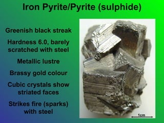 Iron Pyrite/Pyrite (sulphide)

Greenish black streak
Hardness 6.0, barely
scratched with steel
   Metallic lustre
 Brassy gold colour
Cubic crystals show
  striated faces
 Strikes fire (sparks)
      with steel                 1cm
 