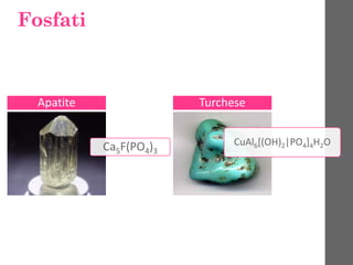 Fosfati
Ca5F(PO4)3
Apatite
CuAl6[(OH)2|PO4]4H2O
Turchese
 