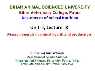 Unit- I, Lecture- 8
Macro minerals in animal health and production
Dr. Pankaj Kumar Singh
Department of Animal Nutrition
Bihar Animal Sciences University, Patna, India
e-mail: vetpank@gmail.com ; Phone: 7909079625
BIHAR ANIMAL SCIENCES UNIVERSITY
Bihar Veterinary College, Patna
Department of Animal Nutrition
 